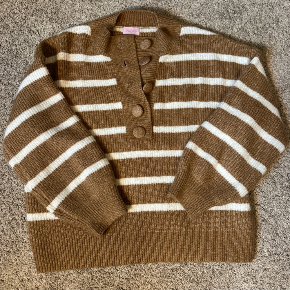 Pink Lily Size XL Buttoned Brown and White Striped Sweater